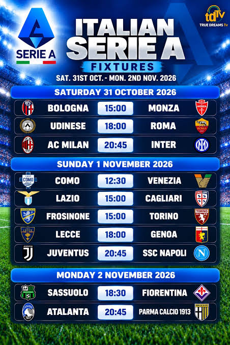 Italian Serie A fixtures 31 Oct - 2 Nov 2026