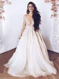 Illusion Neck Long Sleeves Tulle Wedding Dress With Appliques Typ1488 Tulle Wedding Dress Wedding Dress Champagne Wedding Dresses