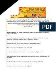 Will create and post trivia questions for you each week. Hispanic Heritage Month Pdf