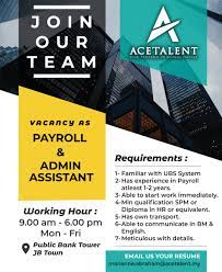 On the job training will be provided. Acetalent On Twitter Come Join Our Team As Payroll Admin Assistant Drop Your Resume At Marianne Abraham Acetalent My Acetalent Vacancy Vacancies Jobopportunity Jobvacancy Adminassistant Payroll Johor Johorbahru Bandarjb Jb Https T