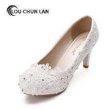 Louchunlan Large Size 41 48 White Wedding Shoes Lace Rhinestone Bridal Female High Heels Flower Pearl Shoes Women Pumps White Wedding Shoes Bridesmaid Shoes Pearl Shoes