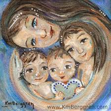 Brown Hair Mother Protecting Three Children With Blue Heart Signed Archival Print From An Original Painting Softer Art Mother And Child Painting