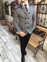 Terziademaltun Italyan Stil Erkek Trenckot Kislik Kase Kaban Mont Acik Gri T2826 Mont Siyah Takim Elbise Fit