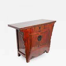 Oriental lacquered furniture gloss red end cabinet with 1 lined drawer and cupboard with the bird and flower design. Chinese Ming Dynasty Style Altar Red Lacquered Cabinet