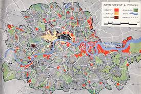 Map Showing Proposed Zoning For Home Work And Play In Patrick Abercrombie S County Of London Plan 1943 Carter E J And Goldfing Map Blueprints Drawings