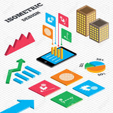 Isometric Design Graph And Pie Chart Golf Ball Icons Fireball