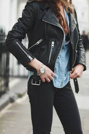 Moto Leather Jacket Chambray Shirt Black Denim Rocker Edgy Grunge Indie Moto Punk Chic W Leather Jacket Outfits Black Leather Jacket Outfit Fashion