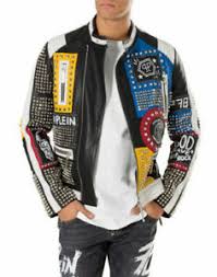 Array ( 0 => 385 ). New Philipp Plein Multicolor Full Studded Embroidery Patches Leather Jacket Men Ebay