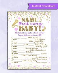 Baby Shower Game Name That Song Baby Pretty Purple And Gold Instant Printable Digital Download Diy Baby Shower Printables Guessing Baby Shower Songs Baby Shower Diy Baby Shower Printables
