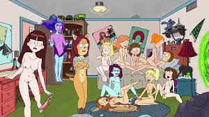 11girls 1boy 6+girls accurate art style alien annie (rick and  morty) arthricia bed bedroom beth sanchez big breasts blonde hair blue skin  breasts brother and sister brown hair clothing