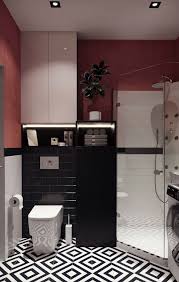 A bright red and white bathroom looks fresh, bold and inviting and raises the spirits at once. Four Modest Sized Homes Going Big On Style Bathroom Red Beautiful Bathroom Designs Red Bathroom Decor