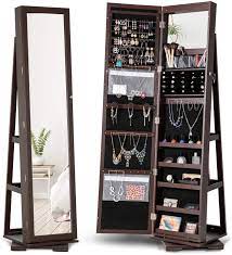 Songmics led jewelry cabinet lockable free standing jewelry armoire with full length mirror makeup tray large drawer base brown ujjc87br. Amazon Com 360 Rotating Jewelry Stand Organizer Jewelry Armoire With Full Length Mirror Freestanding Dressing Mirror Jewelry Cabinet Storage Brown Home Kitchen