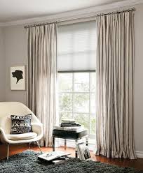 30 day guarantee · free shipping · 10 free samples Luxe Linen Shades In 15155 Titanium With Brushed Nickel Headrail Layered With Ca Honeycomb Shades Contemporary Living Room Furniture Roman Blinds Living Room