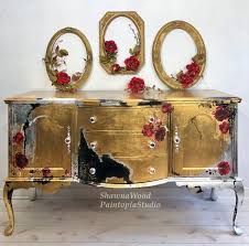 Black And Silver Dresser Gold Silver Buffet Black Floral Dresser Handpainted Furniture Gold Silver Leaf In 2020 Hand Painted Furniture Hand Painted Dressers Hand Painted