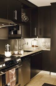 The countertops are glossy gray quartz. Ebony Stained Cabinets And A Solid Stainless Steel Backsplash Give This Kitchen Urban Glam Appeal Open Storage And An Elegant Gooseneck Faucet Are A Nod To The Homeowner S Personality