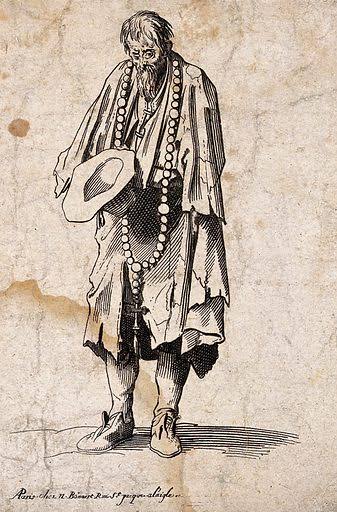 A bearded one-armed beggar in ragged clothes wearing a large … free public domain image | Look and Learn