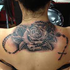 Black And Grey 3d Rosary Cross With Rose Tattoo On Girl Upper Back Rose Tattoos For Women Neck Tattoo Rose Neck Tattoo