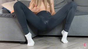 Horny pussy in tight leggings cum sweetly with a huge squirt