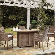 Vongrasig 3 piece patio swivel bar set, all weather mental frame textilene high swivel bar stools chair set of 2 and high glass bar table, outdoor high top bistro set for lawn garden, balcony, taupe. Ashley Beachcroft Outdoor Bar Table Set Rita S Furniture Decor Owenton Ky
