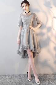 Grey Lace High Low Homecoming Party Dress With Butterfly Sleeves Mxl86001 Gemgrace Com Prom Dress Short Lace High Low Evening Dresses Short Lace Dress