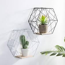 Bloomma Wall Hanging Shelves Metal Iron Wire Hexagon Wall Hanging Mounted Floating Shelves Display Racks Fo Simple Apartment Decor Decor Grey Floating Shelves