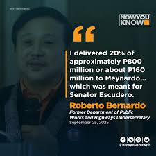 Former Department of Public Works and Highways Undersecretary Roberto  Bernardo alleged Thursday that Senator Chiz Escudero received kickbacks  from projects. "I delivered 20% of approximately P800 million or about P160  million to