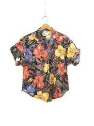 Earthy Tropical Top Vintage 80s Flower Print Shirt Button Up Vintage Tops Flower Print Shirt Tops