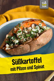 Gebackene Susskartoffel Mit Pilzen Und Spinat In 2020 Susskartoffel Rezept Ofen Gebackene Susskartoffel Susskartoffel