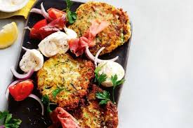Zucchini Fritters With Prosciutto And Bocconcini Salad Recipe Zucchini Fritters Fritters Recipes