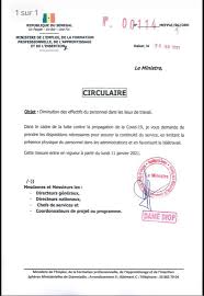 Cadre de l'aménagement des horaires de travail de la période estivale. Covid 19 Administration Le Ministre De L Emploi Preconise Le Teletravail Document Senego Com