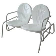 Retro Style Metal Patio Glider With A White Powder Finish Product Gliderconstruction Material Meta Outdoor Rocking Chairs Patio Rocking Chairs Glider Chair