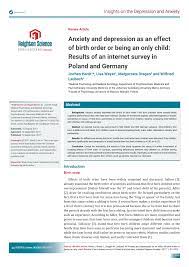 Pdf Anxiety And Depression As An Effect Of Birth Order Or Being An Only Child Results Of An Internet Survey In Poland And Germany