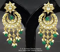 18k Gold And Diamond Polki Chand Bali Earring Pair With Emerald Grade Green Beryls Real Gold Jewelry Jewelry Gold Enamel Jewelry