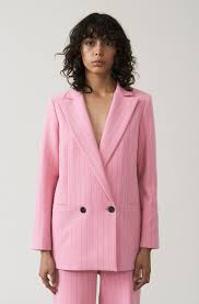 Black And Pink Suit Women Ganni Pinstripe Blazer With Feminine Lapels And Front Pockets Also Available In Black I M Quite Lovi Pinstripe Suit Women Pink Suits Women Chic Work Outfit