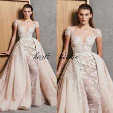Discount 2018 Zuhair Murad Wedding Dresses With Detachable Skirt A Line Lace Beaded Overskirt Bridal Gowns Short Sleeves Appliqued Vestido De Novia Wedding Dres Online Wedding Dress Bridal Gown Cap Sleeves