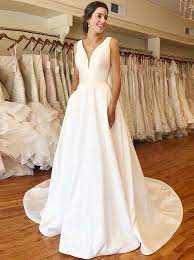 Simple Wedding Dress With Pockets A Line Gown With Deep V Neck Wd00619 Satin Bridal Gowns V Neck Wedding Dress Wedding Gown Backless