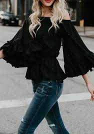 Black Pearl Draped Off Shoulder Backless Long Sleeve T Shirt Fashion Bell Sleeves Clothes