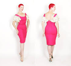 Springtime 1950s Vibrant Jewel Tone Magenta Fuchsia Raw Silk Hourglass Cocktail Dress W Lace Rhinestone Rhumba Sleeves By Mr Dresses Cocktail Attire Raw Silk