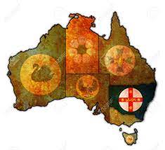 The five stars of the southern cross, as seen on the australian flag, make numerous appearances on these territorial flags. New South Wales Flag On Map Of Australia With Administrative Stock Photo Picture And Royalty Free Image Image 32841275