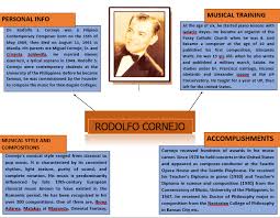 Contemporary philippine music according to national artist ramon santos, phd, contemporary music in the philippines refers to yet, even 20th century filipino composers have managed to retain some traditional elements in their assimilation of western techniques. Rodolfo Cornejo A Filipino Contemporary Composer