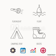 Flashlight Fishing Float And Hiking Boots Camping Tent