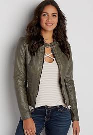 Faux Leather Zip Up Scuba Jacket With Knit Sides In Olive Green Maurices Jacket Outfit Women Green Leather Jacket Outfit Olive Green Leather Jacket