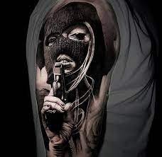 This style of tattoo is popular among latin and asian gang members. Pin By Emilia Runkiewicz On Tattoo Black Grey Picture Tattoos Gangsta Tattoos Bandana Tattoo
