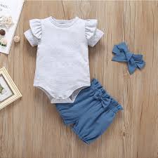 3 Piece Baby Girl Solid Ruffled Bodysuit And Shorts With Headband Set Pretty Girl Outfits Kids Outfits Baby Clothes Patterns