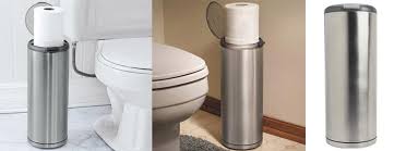 Repurposed magazine holder turned toilet paper storage. Oxo Pop Up Toilet Paper Holder