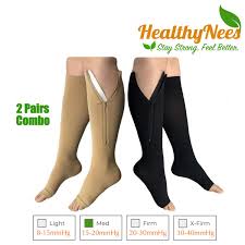 Healthynees 2 Pairs Combo Zipper Compression Medical Grade Leg Calf Relief Swelling Circulation Support Socks S M