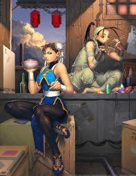 j axer, jay axer, jeff axer, udon entertainment, chun-li, ibuki (street  fighter), capcom, street fighter, street fighter iii (series), highres,  2girls, alcohol, bandages, bowl, box, brown hair, bun cover, can, chain,  china