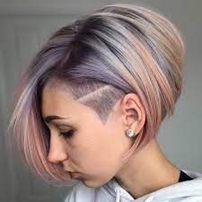 Getting Creative With Some Pastel Tones And A Funky Asymmetric Bob And Undercut Lavenders Silvers And Peachy Coupe De Cheveux Cheveux Undercut Cheveux
