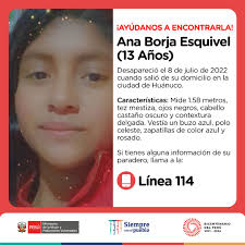 🚨 ¡Ayúdanos a encontrarla! Ana Borja Esquivel (13) desapareció el 8 de  julio en Huánuco. Ella mide 1.58 m., es de contextura delgada, tez mestiza,  ojos negros y cabello castaño. Vestía buzo