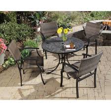 Indoor or outdoor iron metal base and glass top pedestal dining or breakfast table. Homestyles Stone Harbor 40 In 5 Piece Slate Tile Top Round Patio Dining Set With Newport Chairs 5601 3081 The Home Depot Patio Dining Set Patio Dining Table Patio Furniture Sets